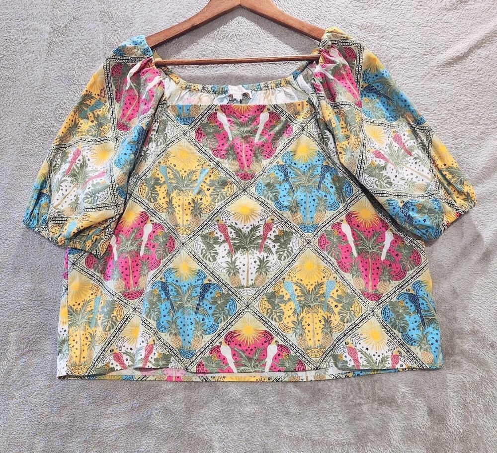 LOFT Palm Puff Sleeve Square Neck Tropical Blouse Size Medium Boho Resort Beach